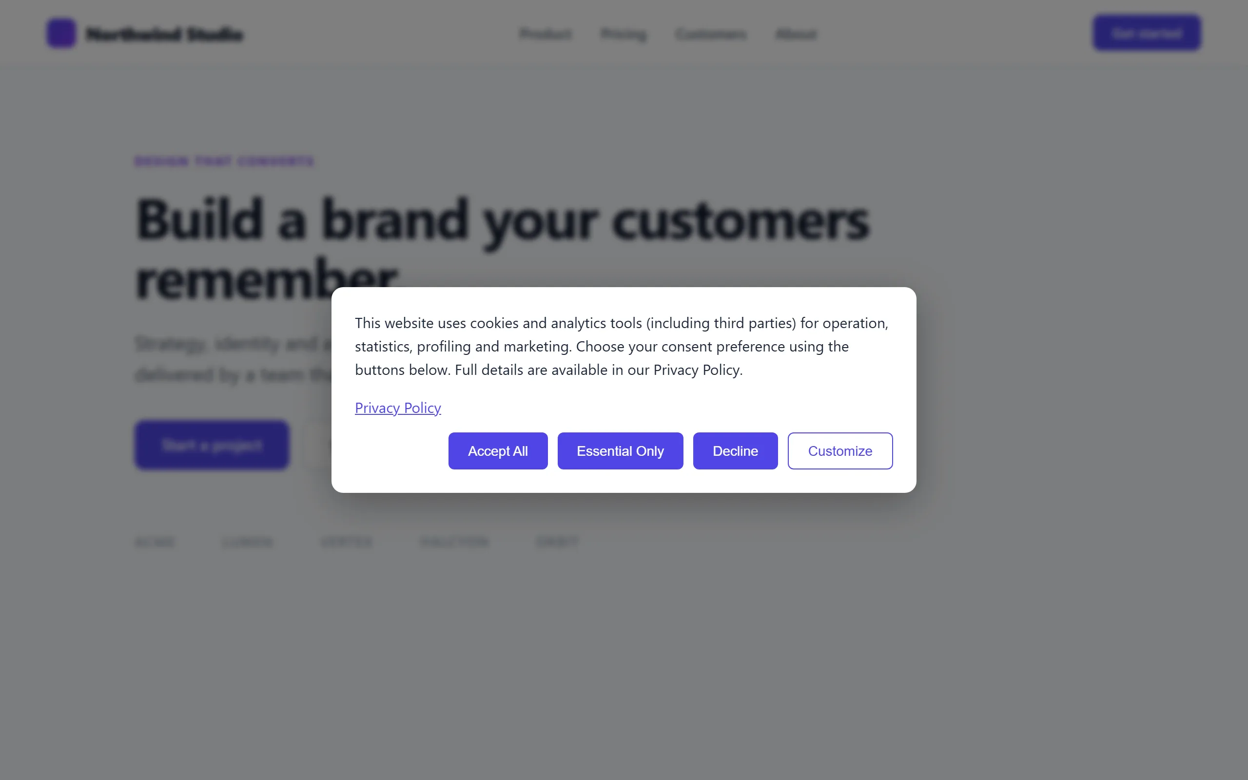 The consent banner over a live site, with Accept, Essential Only and Decline buttons