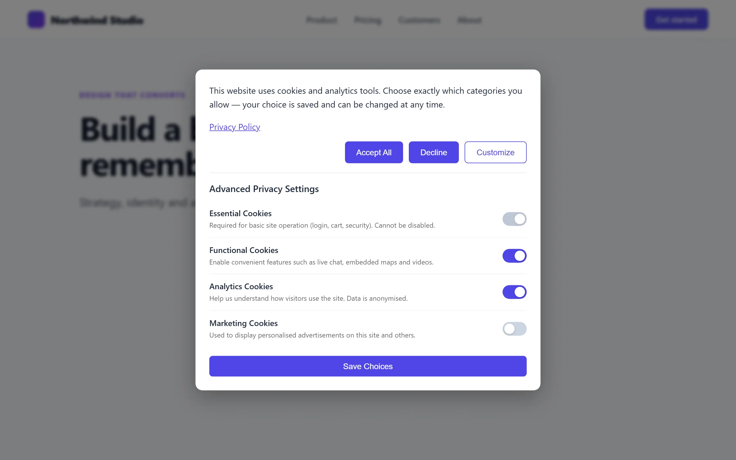 Category selection panel: essential, functional, analytics and marketing with toggles