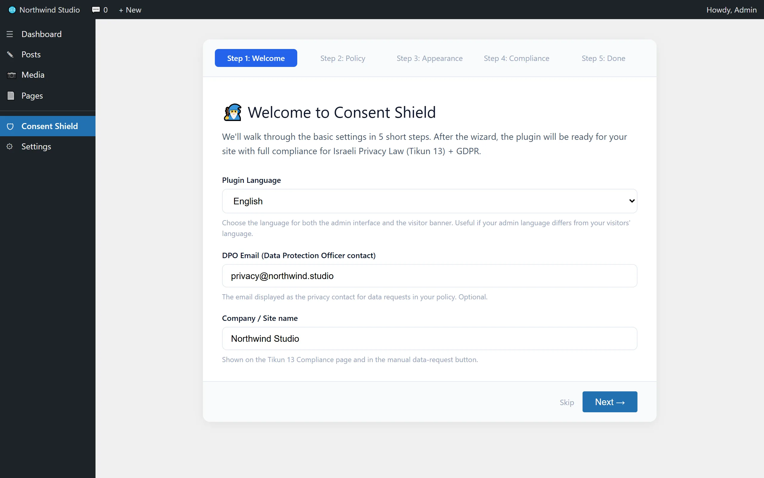 Five-step setup wizard with interface language selection