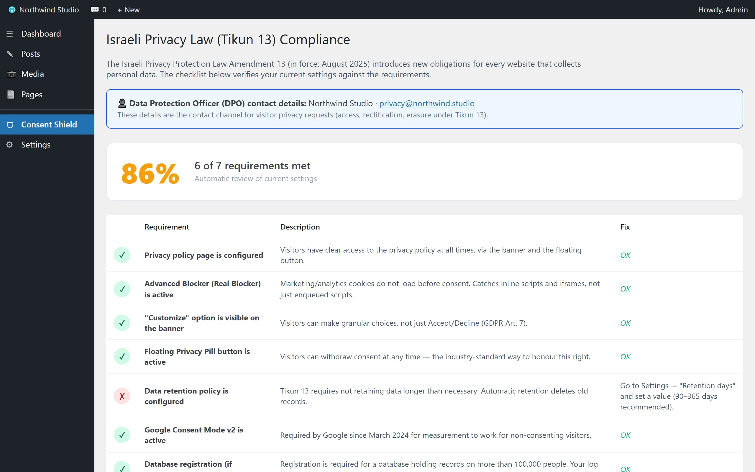 Israeli Privacy Law (Tikun 13) compliance checklist with an automatic score