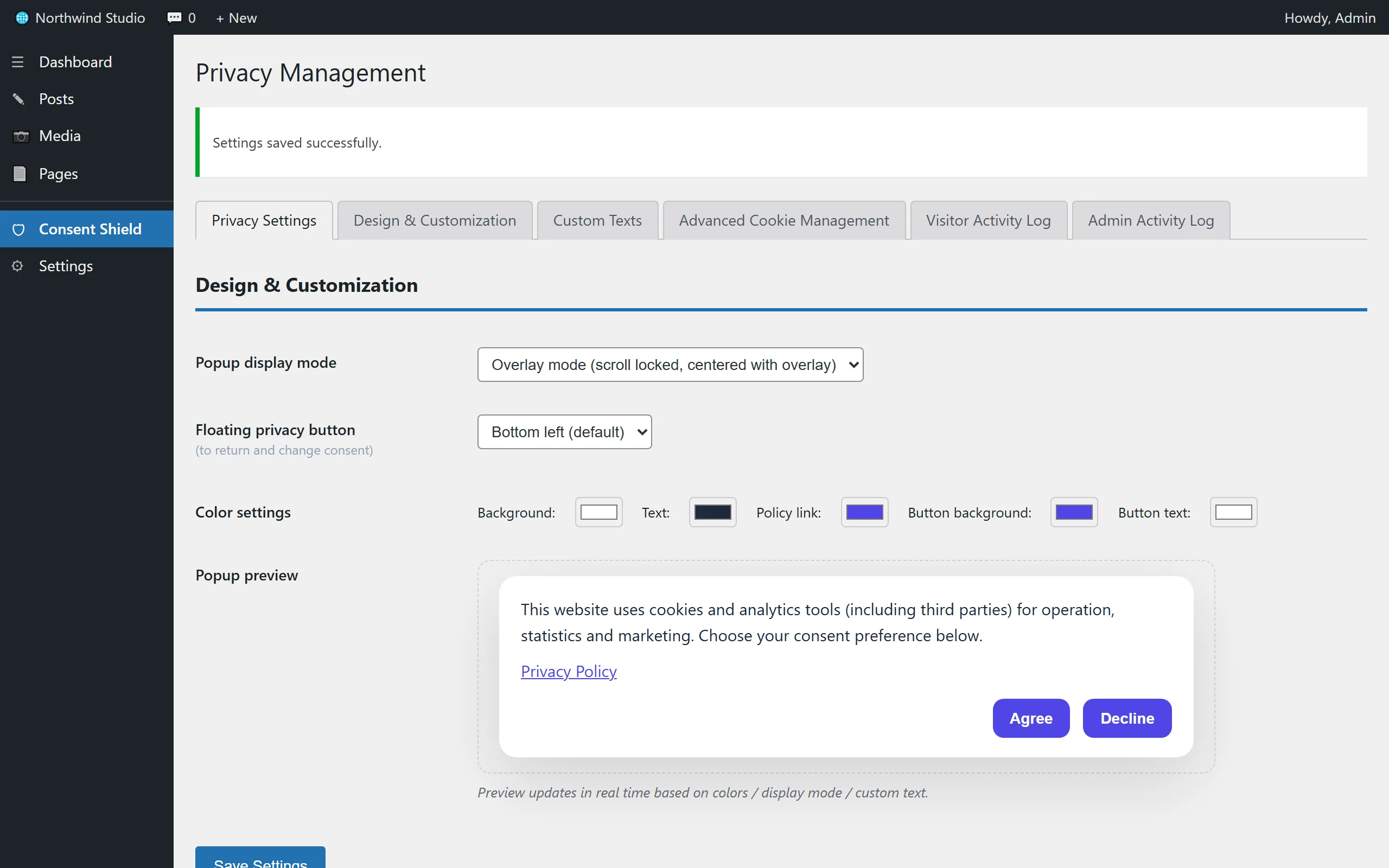 Design screen with a live banner preview and per-button colors