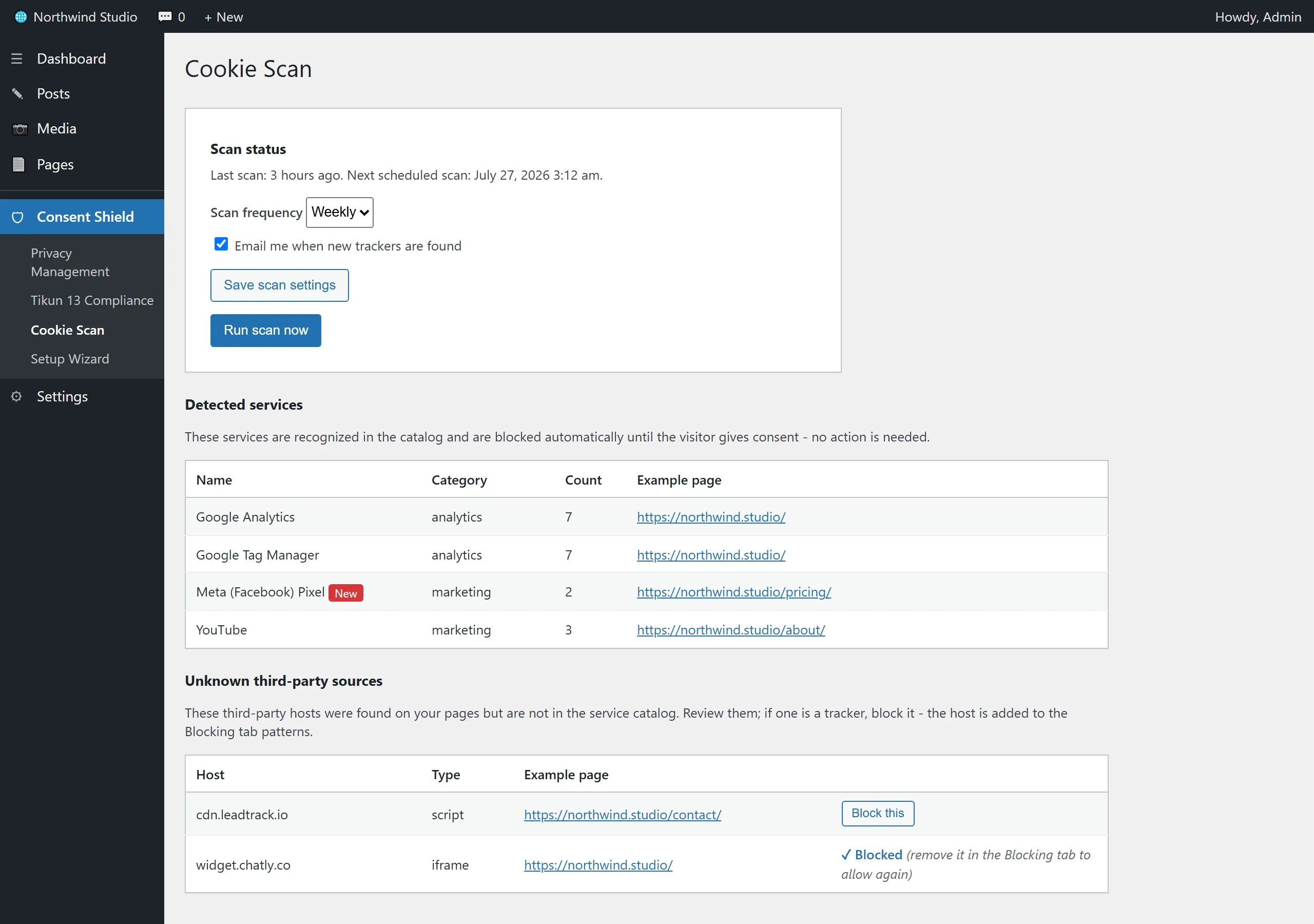 The Pro Cookie Scan screen: detected tracking services with a New badge, and one-click blocking for unknown third-party hosts